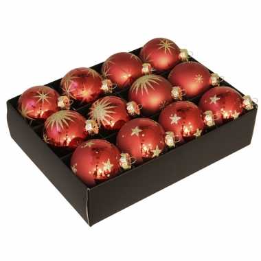 12x luxe glazen rode kerstballen met gouden versiering 7,5 cm