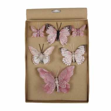 12x stuks versiering vlinders op clip roze 5, 8, 12 cm