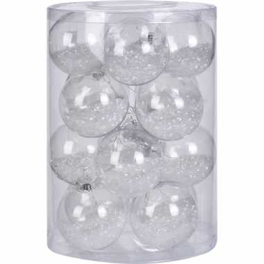 16x doorzichtige kunststof kerstballen met witte versiering 8 cm