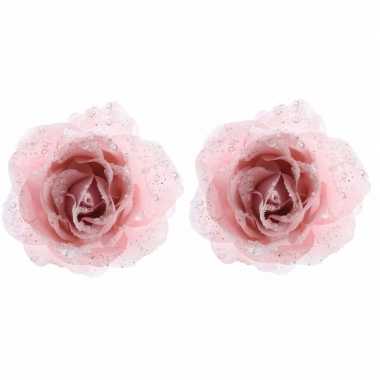 2x kerstboom versiering roos poeder roze 14 cm