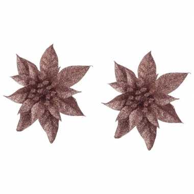 2x kerstboomversiering op clip donker beige glitter bloem 15 cm