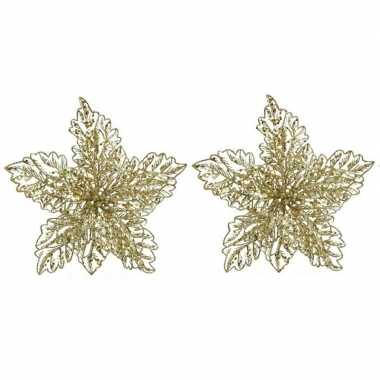 2x kerstboomversiering op clip gouden glitter bloem 23 cm