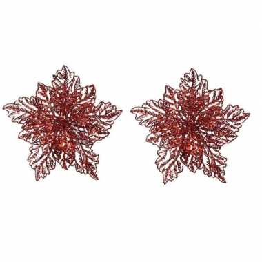 2x kerstboomversiering op clip rode glitter bloem 23 cm