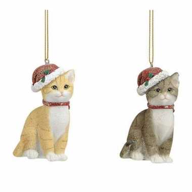 2x stuks kersthangers katten/poezen met kerstmuts 9 cm kerstversiering