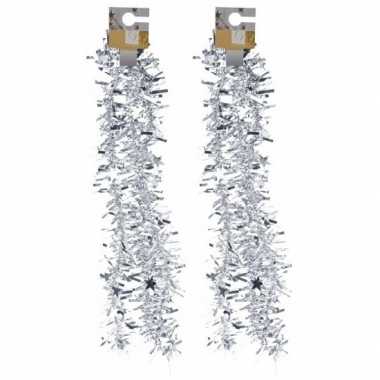 2x zilveren kerstversiering folieslingers met sterretjes 180 cm