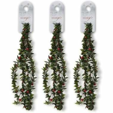 3x groene dunne kerst slingers met rode versiering 150 cm