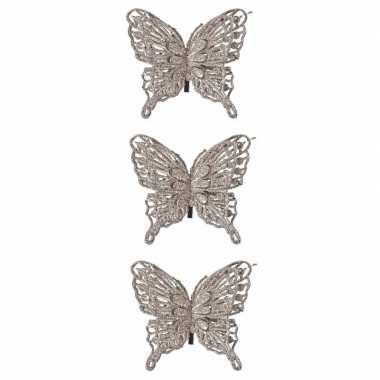 3x kerst versiering vlinder champagne 13 x 11 cm