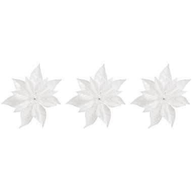 3x kerstboomversiering bloem op clip witte kerstster 18 cm