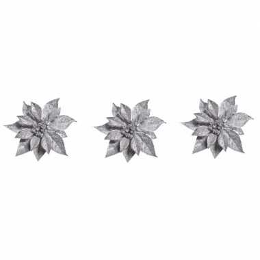 3x kerstboomversiering bloem op clip zilveren kerstster 18 cm