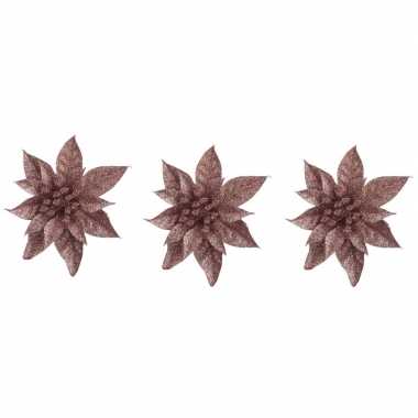 3x kerstboomversiering op clip donker beige glitter bloem 15 cm