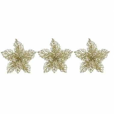 3x kerstboomversiering op clip gouden glitter bloem 23 cm