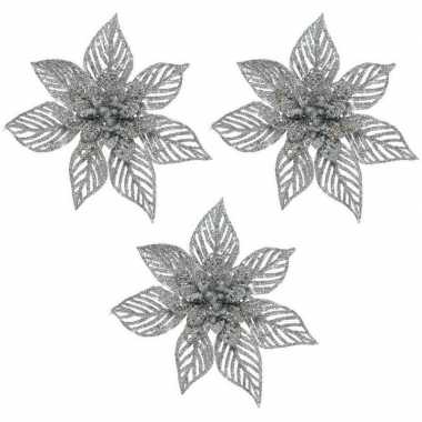3x kerstboomversiering op clip zilveren glitter bloem 23 cm
