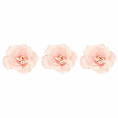 3x roze roos kerstversiering clip versiering 12 cm