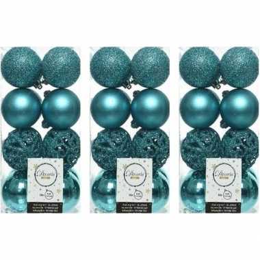48x turkooise blauwe kerstballen 6 cm glanzende/matte/glitter kunststof/plastic kerstversiering