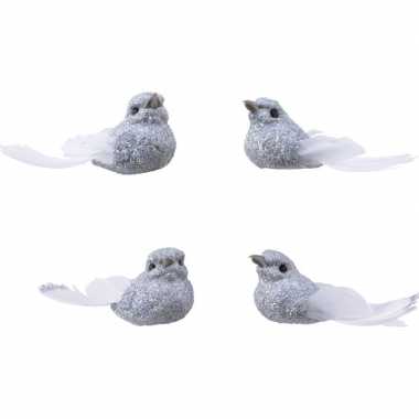 4x versiering glitter vogeltjes zilver op clip 5 cm