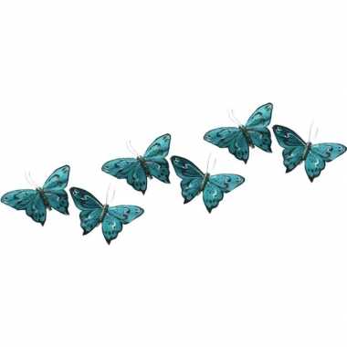 6x kerstboomversiering turquoise/zwarte vlinders op clip 9 x 11