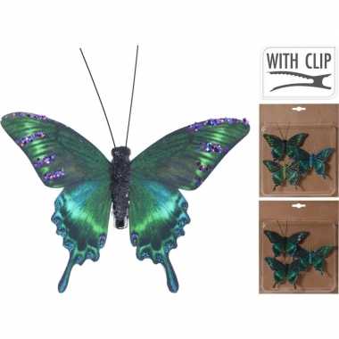 6x kerstboomversiering vlinders op clip groen/paars 10 cm