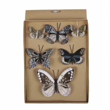 6x versiering vlinders op clip 5, 8, 12 cm