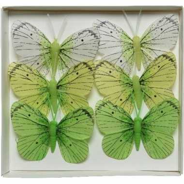 6x witte/groene vlinders versierings 6 x 8 cm op draad