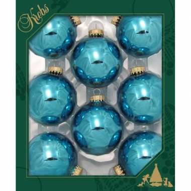 8x turquoise blauwe glazen kerstballen glans 7 cm kerstboomversiering
