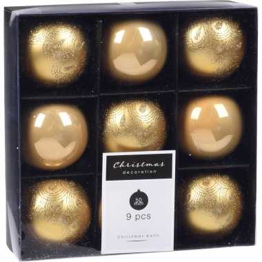 9x kerstboomversiering luxe kunststof kerstballen goud 5 cm