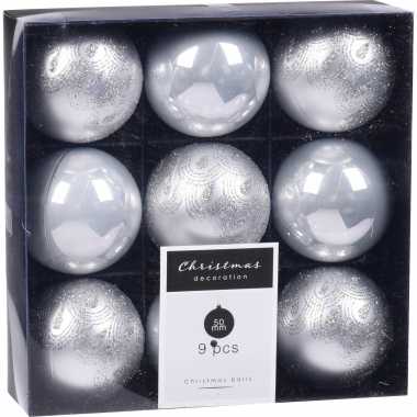 9x kerstboomversiering luxe kunststof kerstballen zilver 5 cm