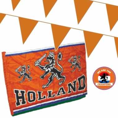 Ek oranje straat/ huis versiering pakket met oa 1x holland spandoek, 300 meter oranje vlaggenlijnen