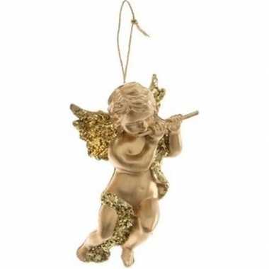 Gouden engel met dwarsfluit kerstversiering hangversiering 10 cm