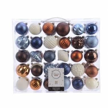 Kerstversiering kerstballen set blauw/ bruin en wit 60 delig