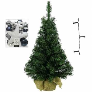 Mini kerstboom inclusief lampjes en wit/zilver/blauwe versiering