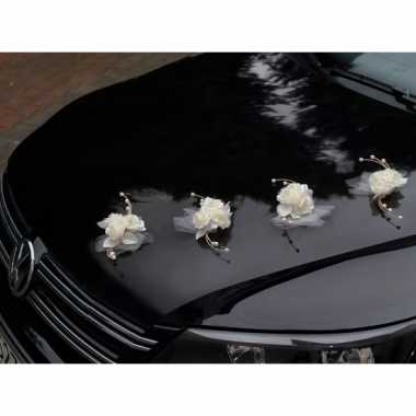 Set van 4x trouwauto versiering rozen met tule roomwit/creme kleurig 25 cm
