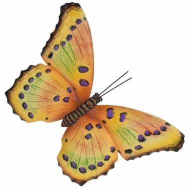 Tuin/schutting versiering geel/paarse vlinder 35 cm