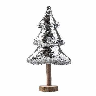 Versiering houten pailletten kerstboom zilver 32 cm