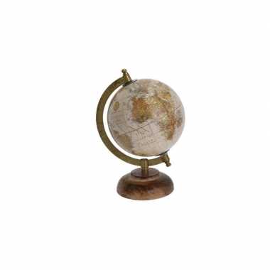 Versiering wereldbol/globe beige op mangohouten voet 13 x 22 cm