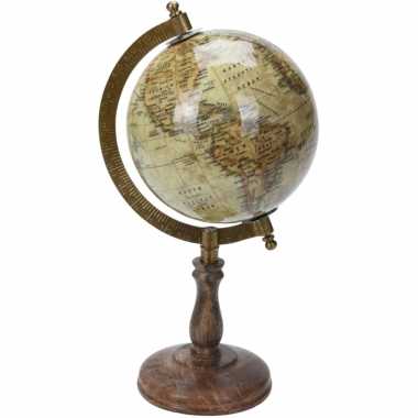 Versiering wereldbol/globe beige op mangohouten voet 13 x 28 cm