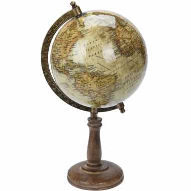Versiering wereldbol/globe beige op mangohouten voet 16 x 32 cm