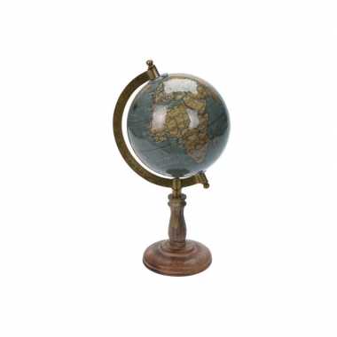 Versiering wereldbol/globe blauw op mangohouten voet 13 x 28 cm