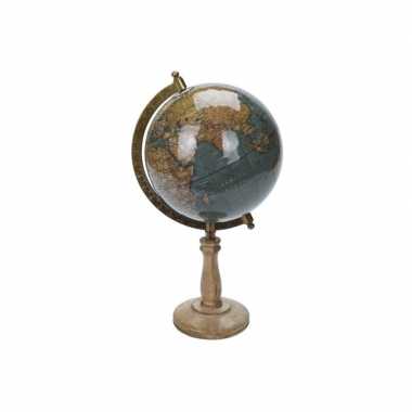 Versiering wereldbol/globe blauw op mangohouten voet 16 x 32 cm