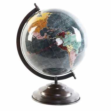 Versiering wereldbol/globe grijs op ijzeren voet 25 x 35 cm