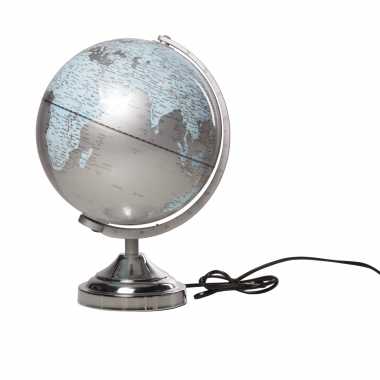 Versiering wereldbol/globe zilver met verlichting op metalen voet 25 x 38 cm