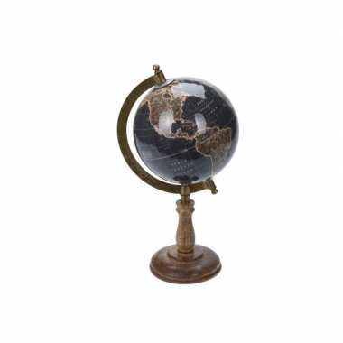 Versiering wereldbol/globe zwart op mangohouten voet 13 x 28 cm