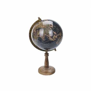 Versiering wereldbol/globe zwart op mangohouten voet 16 x 32 cm