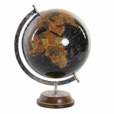 Versiering wereldbol/globe zwart op metalen voet 28 x 37 cm