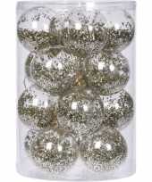 16x doorzichtige kunststof kerstballen met gouden versiering 8 cm