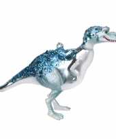 1x kerstboomhangers blauwe glazen dinosaurus 12 cm kerstversiering