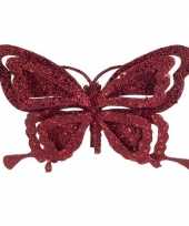1x kerstboomversiering vlinder op clip glitter bordeaux rood 14