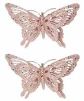 2x kerst versiering vlinder roze 15 x 11 cm
