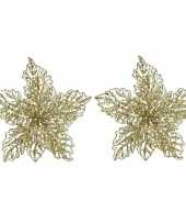 2x kerstboomversiering op clip gouden glitter bloem 23 cm