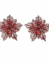2x kerstboomversiering op clip rode glitter bloem 23 cm