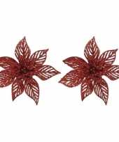 2x kerstboomversiering op clip rode glitter bloem 23 x 5 cm